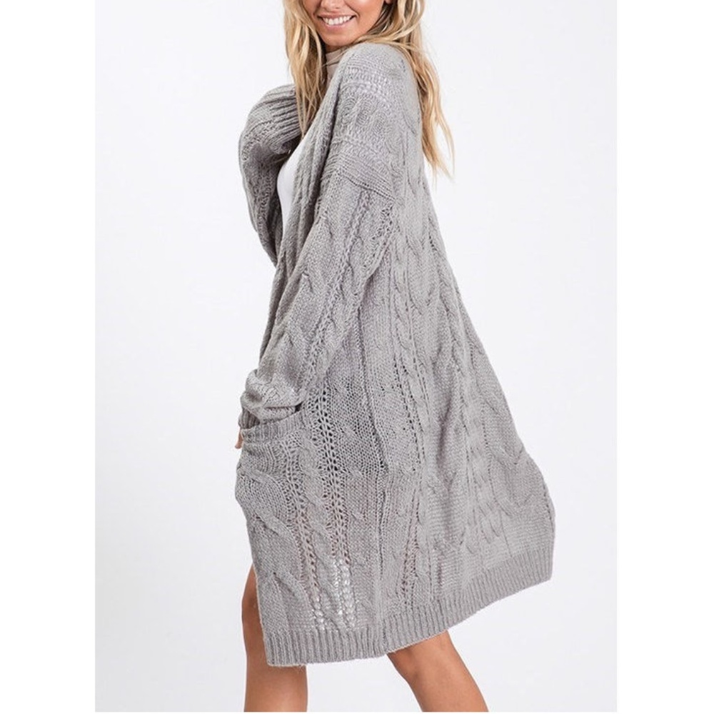 Gray Cable Knit Long Sweater Cardigan - Picture 3 of 5